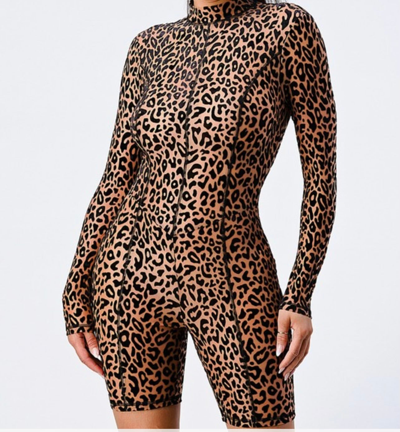 Leopard Mesh Long-Sleeved Bodycon Romper